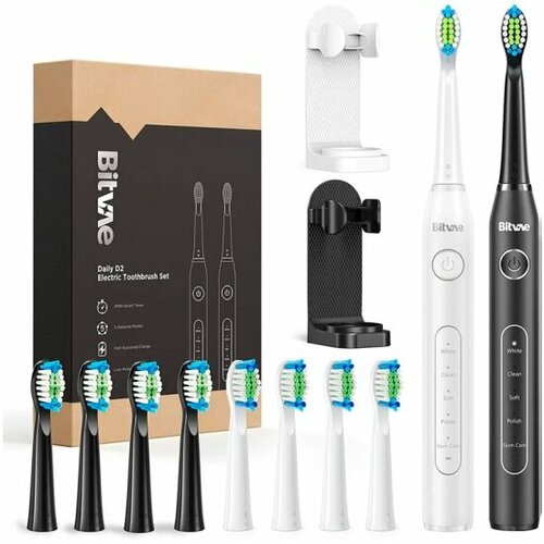 Набор электрических зубных щеток BITVAE D2 Daily Toothbrush (2 подставки + 8 насадок + 2 колпачка для насадок) GLOBAL, белая и черная