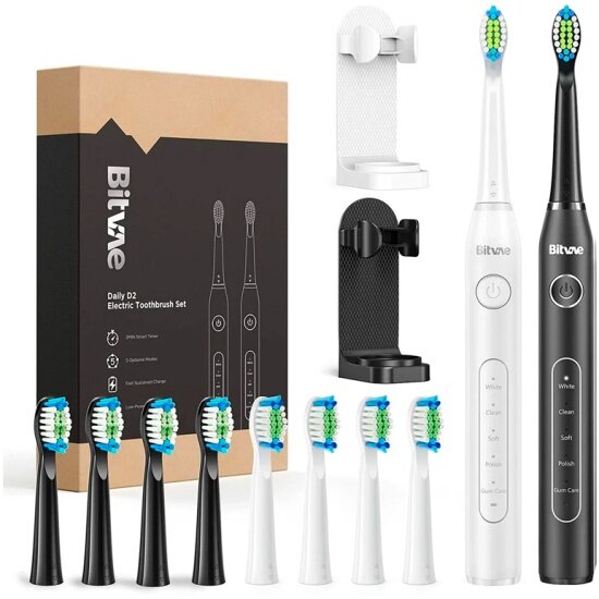 Набор электрических зубных щеток Bitvae D2 Daily Toothbrush (2 подставки + 8 насадок + 2 колпачка для насадок) GLOBAL, белая и черная