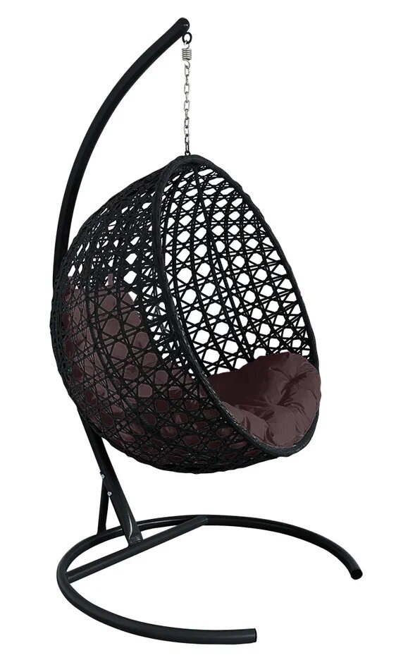 Подвесное кресло из ротанга "круг люкс" с ротангом черное, коричневая подушка