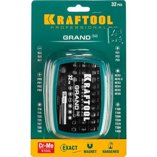 набор бит kraftool 26083 h32 32 предм зеленый Grand-32, с магнитным адаптером 32 шт, набор бит (26083-H32)