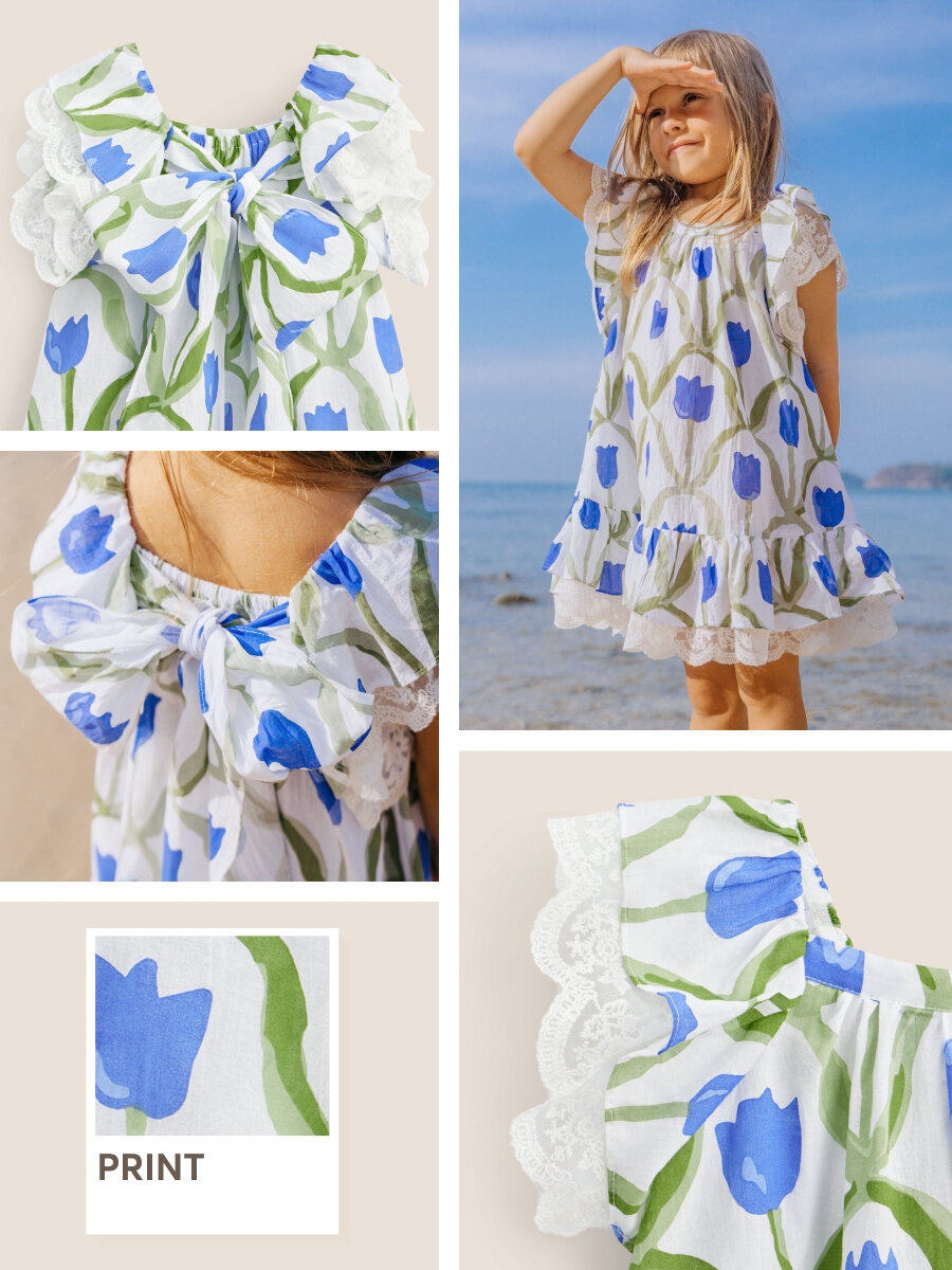 88189 Платье для девочки летнее Happy Baby с коротким рукавом хлопковое с пышной юбкой нарядное праздничное пляжное платье сарафан белое в цветочек 122-128