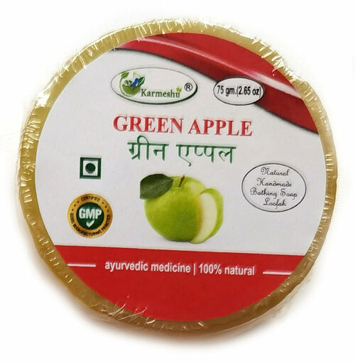 GREEN APPLE Natural Handmade Bathing Soap, Karmeshu (зелёное яблоко натуральное мыло ручной работы с мочалкой внутри, Кармешу), 75 г.