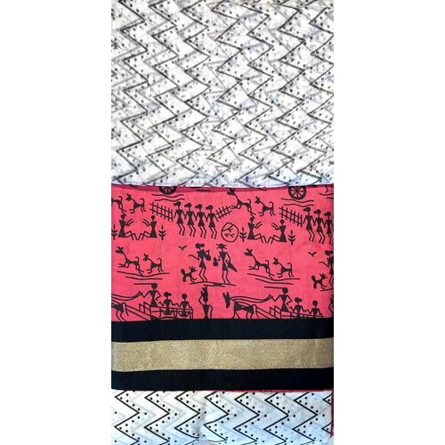 Купон сальвар-камиз + дупаtта С этническими рисунками варли, цвет розовый (отрез ткани для пошива туники (пенджаби), штанов и накидки), Cotton Warli Wit, 1 шт.