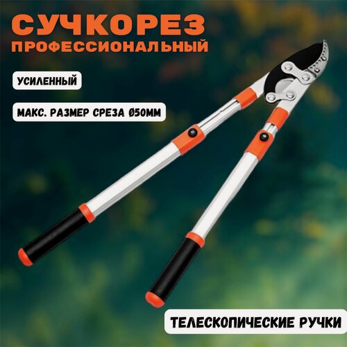 Изображение товара Сучкорез садовый телескопический 680-1020 мм, двухрычажный механизм, срез до 50 мм, с наковаленкой, высокоуглеродистая сталь SK5
