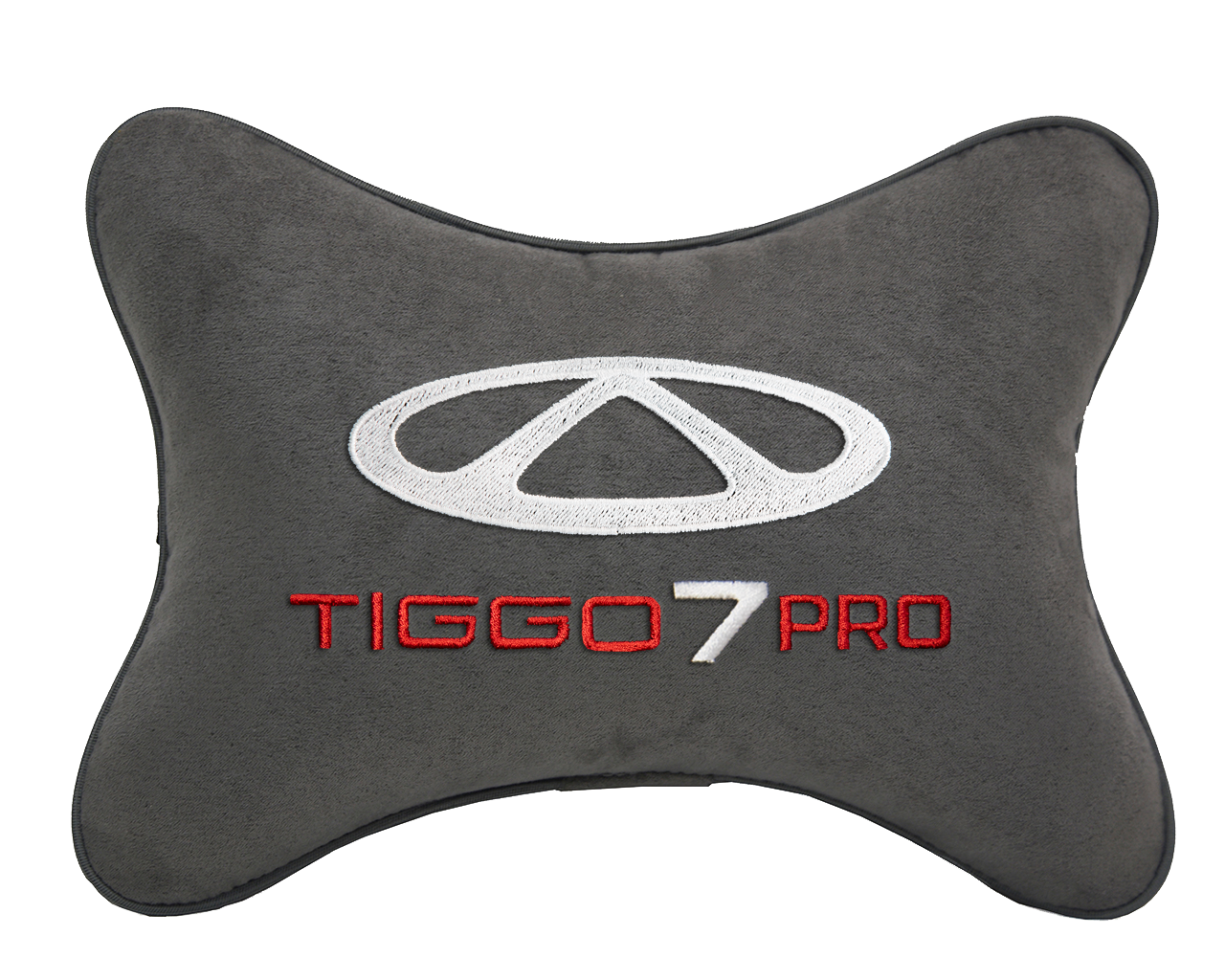 Автомобильная подушка на подголовник алькантара D.Grey с логотипом автомобиля CHERY Tiggo 7 PRO