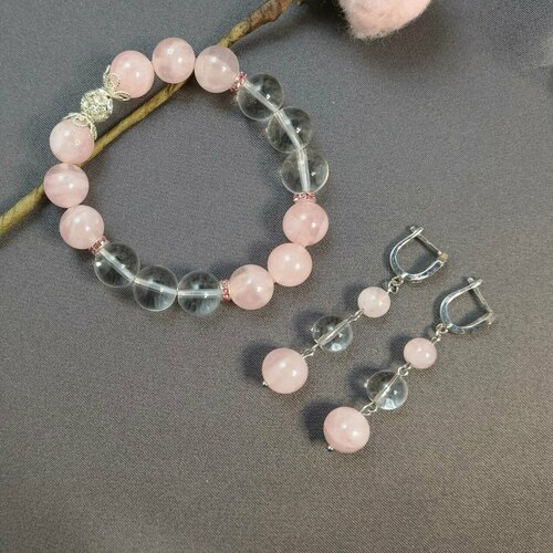 Комплект бижутерии Камни Елены: браслет, серьги, кварц, горный хрусталь браслет из мадагаскарского розового кварца