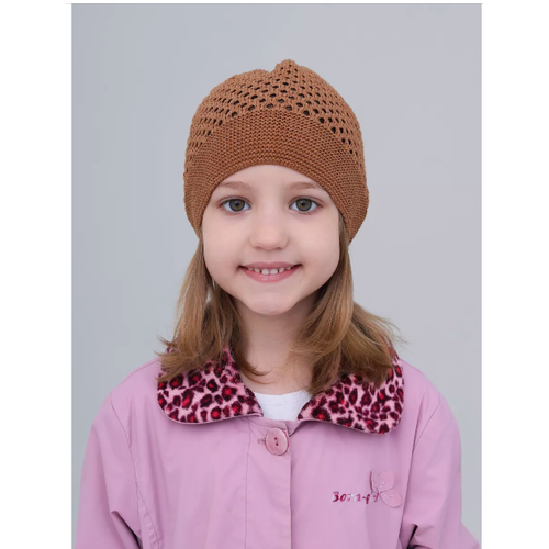 фото Шапка mi ropa детская вязаная шапка-сетка "паутинка", размер 5-8 лет, коричневый