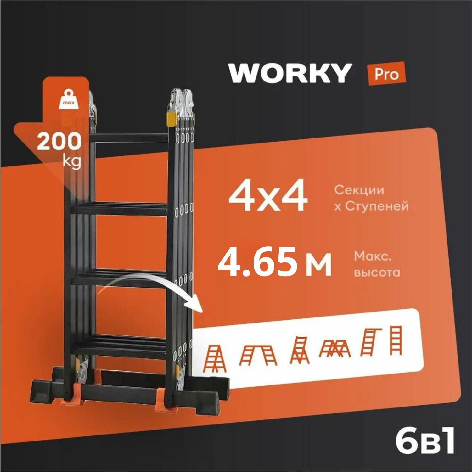 фото Лестница-стремянка 4x4 трансформер WORKY Pro, высота 5,0м