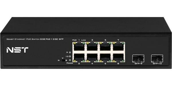 PoE коммутатор Gigabit Ethernet на 8 RJ45 + 2 SFP порта. Порты: 8 х GE (10/100/1000 Base-T) с поддержкой PoE (IEEE 802.3af/at), 2 x GE SFP (1000 Base-