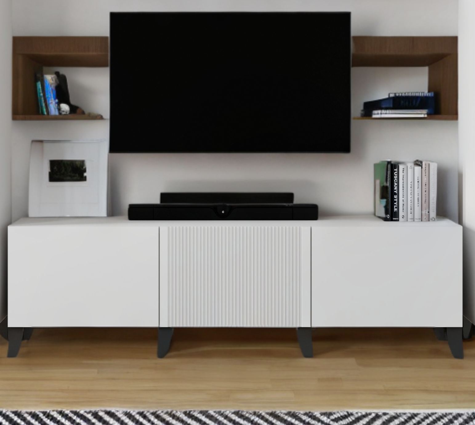 фото Тумба под телевизор Рокси 380х1800х399 мм напольная Белый с тиснением «Древесные поры»/Белый снег