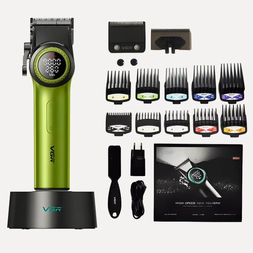 Изображение товара Профессиональная аккумуляторная машинка для стрижки волос VGR с подсветкой (зеленая)