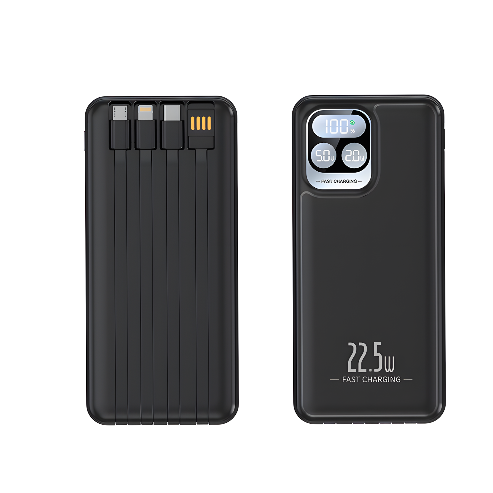 Портативный аккумулятор Changwei YM-837, 10000 mAh, 22.5 Вт, со встроенными кабелями, цифровой дисплей, черный