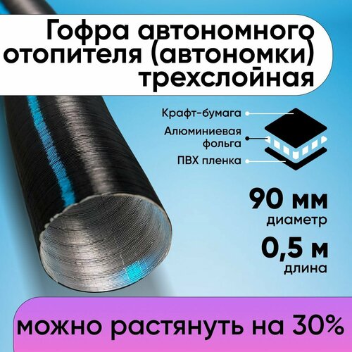Гофра отопителя (трехслойная) 90 мм - 0,5 метра растягивается до 0,8 метра, гофра автономки