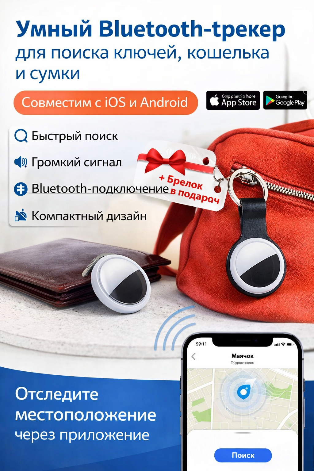 Умный Bluetooth-трекер Smart Finder для поиска ключей, кошелька, сумки и других вещей