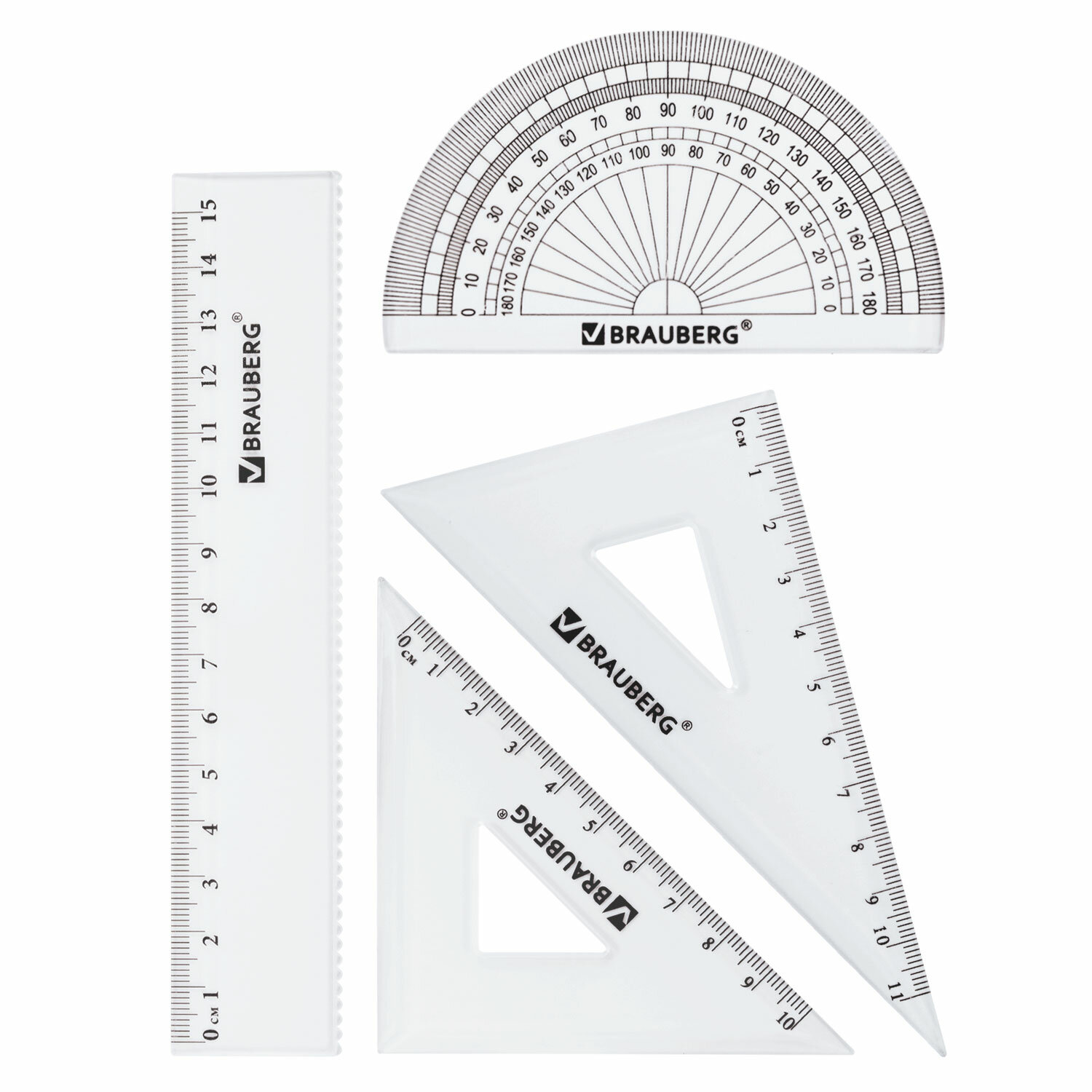 Набор чертежный малый BRAUBERG (линейка 15 см, 2 угольника, транспортир), конверт на молнии, 210306 В комплекте: 3шт.