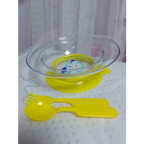 Детский набор посуды для кормления (тарелка, вилка и ложка) 2817т прозрачный/желтый Т