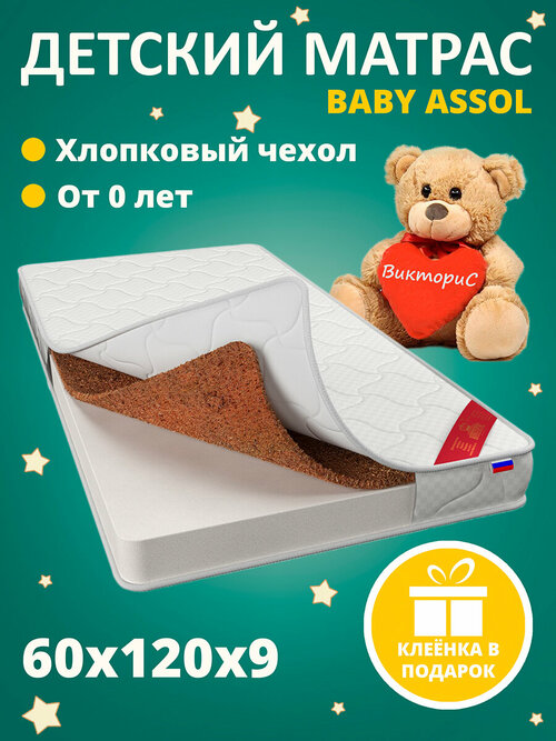 Матрас детский в кроватку Assol Кокосовая койра - несъёмный чехол 120х60 см.