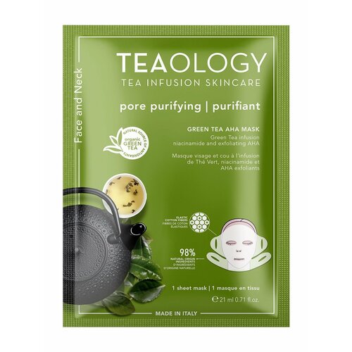 Очищающая тканевая маска для лица и шеи с зеленым чаем и AHA-кислотами Teaology Green Tea AHA Mask Pore Purifying Clearing 1568₽