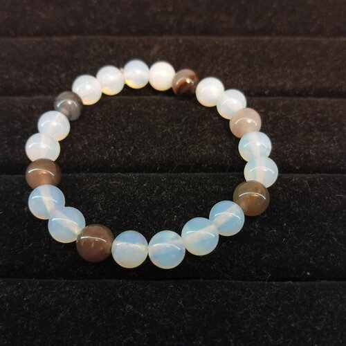 фото Браслет, лунный камень, агат, размер 17 см, диаметр 5.2 см, белый, коричневый уральские камни