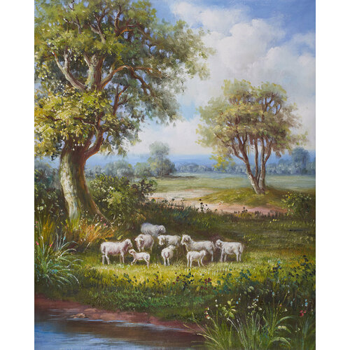 Картина на холсте для интерьера на стену в гостиную офис спальню Овцы на берегу реки анималистика 12552₽