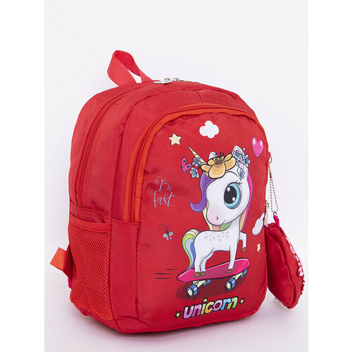 Детский рюкзак, рюкзак для детей, рюкзак для девочки, рюкзак для садика Единорог с брелком (красный)
