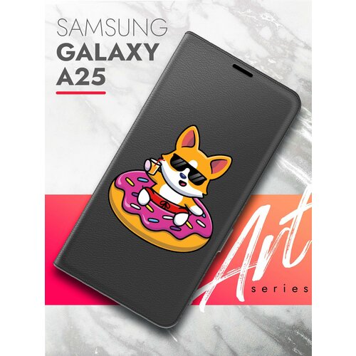 Чехол на Samsung Galaxy A25 (Самсунг Галакси А25) черный книжка эко-кожа подставка отделение для карт магнит Book case, Brozo (принт) Корги в Пончике чехол на samsung galaxy a25 самсунг галакси а25 черный книжка эко кожа подставка отделение для карт магнит book case brozo принт корги шарики