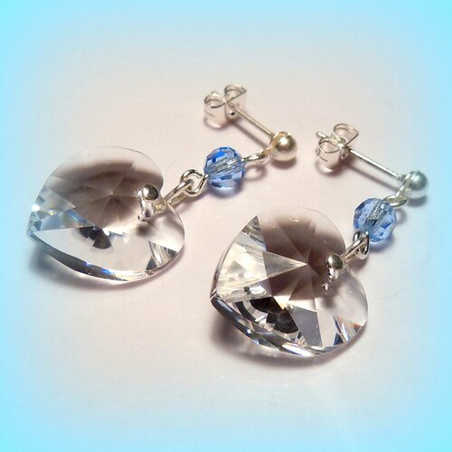 Серьги  Свадебные пусеты HEART (сердечки)/Чехия, кристаллы Preciosa, кристаллы Swarovski, размер/диаметр 30 мм, белый, голубой