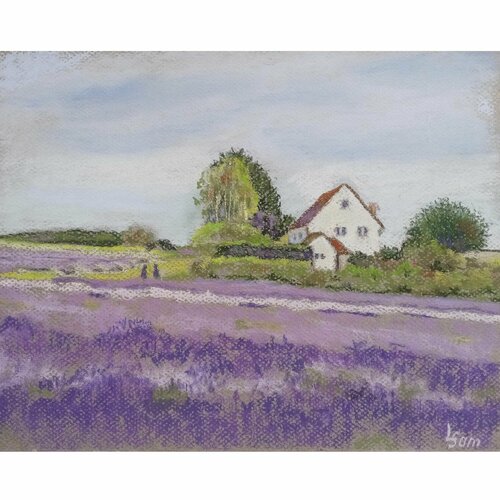 Авторская картина пастелью на стену Лавандовое поле в Провансе225х30 2898₽