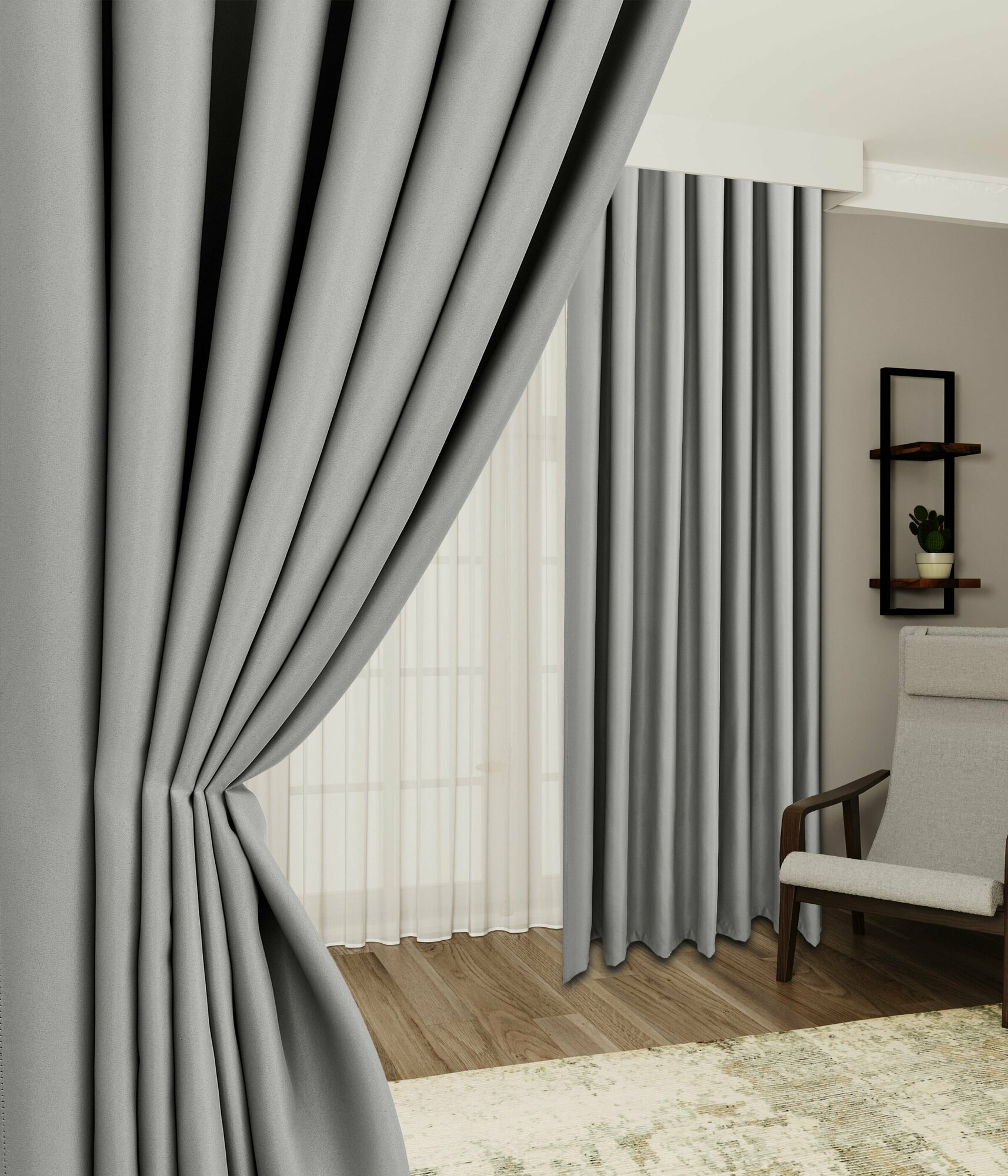 фото Комплект шторы блэкаут 3м однотонные светло-серые на ленте, в гостиную, зал, спальню, холл, коридор, кухню, для детской комнаты 300*240