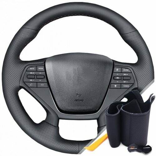 Оплетка на руль из «Premium» экокожи Hyundai Sonata 2015-2019 г. в. (для руля без штатной кожи, черная) #20934