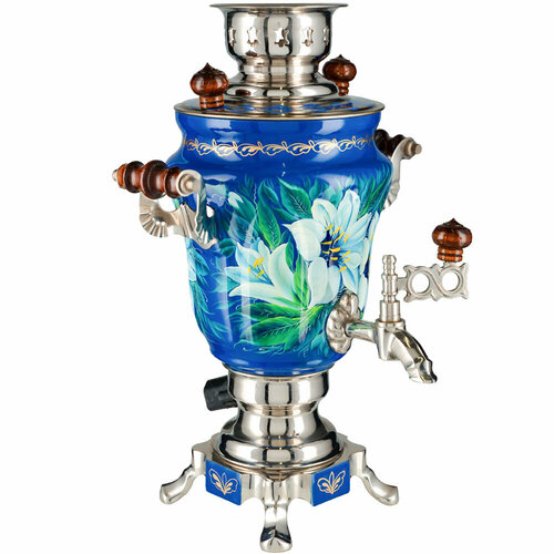 Самовар электрический 1,5 литра с художественной росписью «Лилии на синем» формы «Тюльпан»
