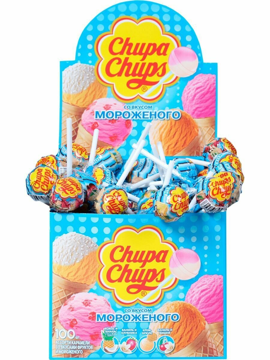 Chupa Chups карамель со вкусом мороженого, чупа-чупс, 100шт х 12гр, Россия