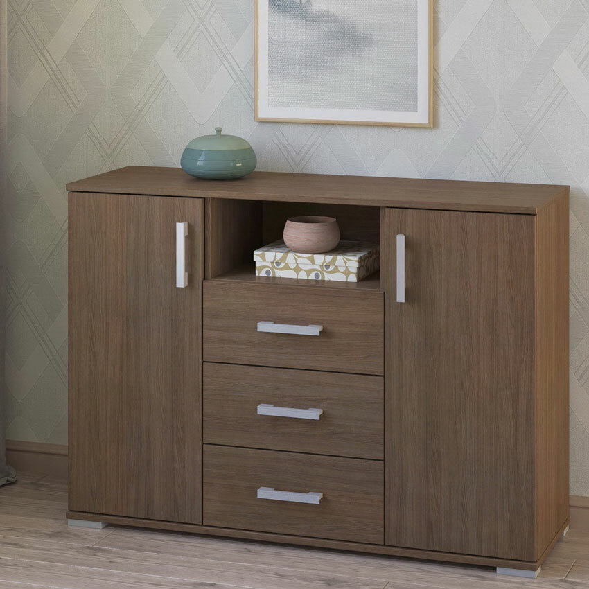 фото Низкий широкий комод с 3 ящиками, 2 дверцами и открытой нишей 115х37,4х82,4 см МагМебель Вента-54 ясень шимо тёмный