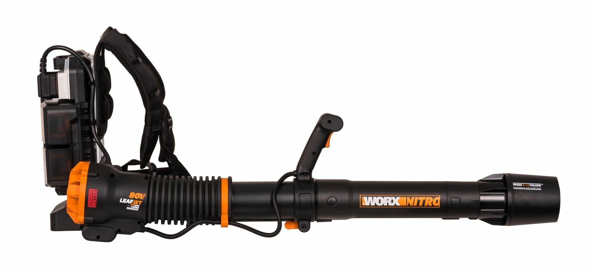 Аккумуляторная воздуходувка с бесщеточным мотором Worx Nitro LeafJet WG572Е 80 Вольт, 4 АКБ по 4 Ач + ЗУ BASECAMP 4 x 1А Kress - фото №4