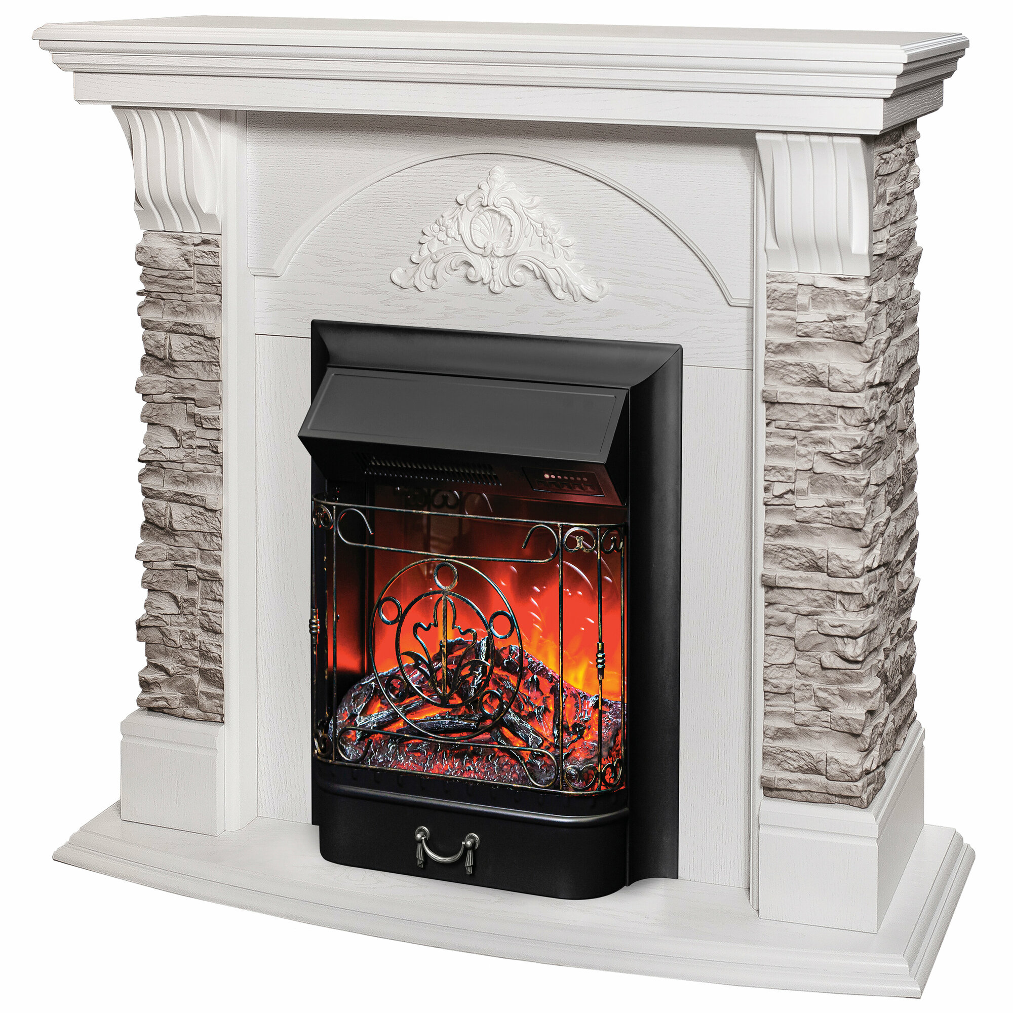 Электрокамин RealFlame Атланта GR WT МДФ с очагом Majestic, звук потрескивания дров, обогрев, имитация пламени, пульт ДУ