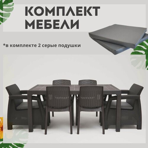 Изображение товара Комплект садовой мебели HomlyGreen 1+1+4 стула+обеденный стол 153х79, с комплектом серых подушек