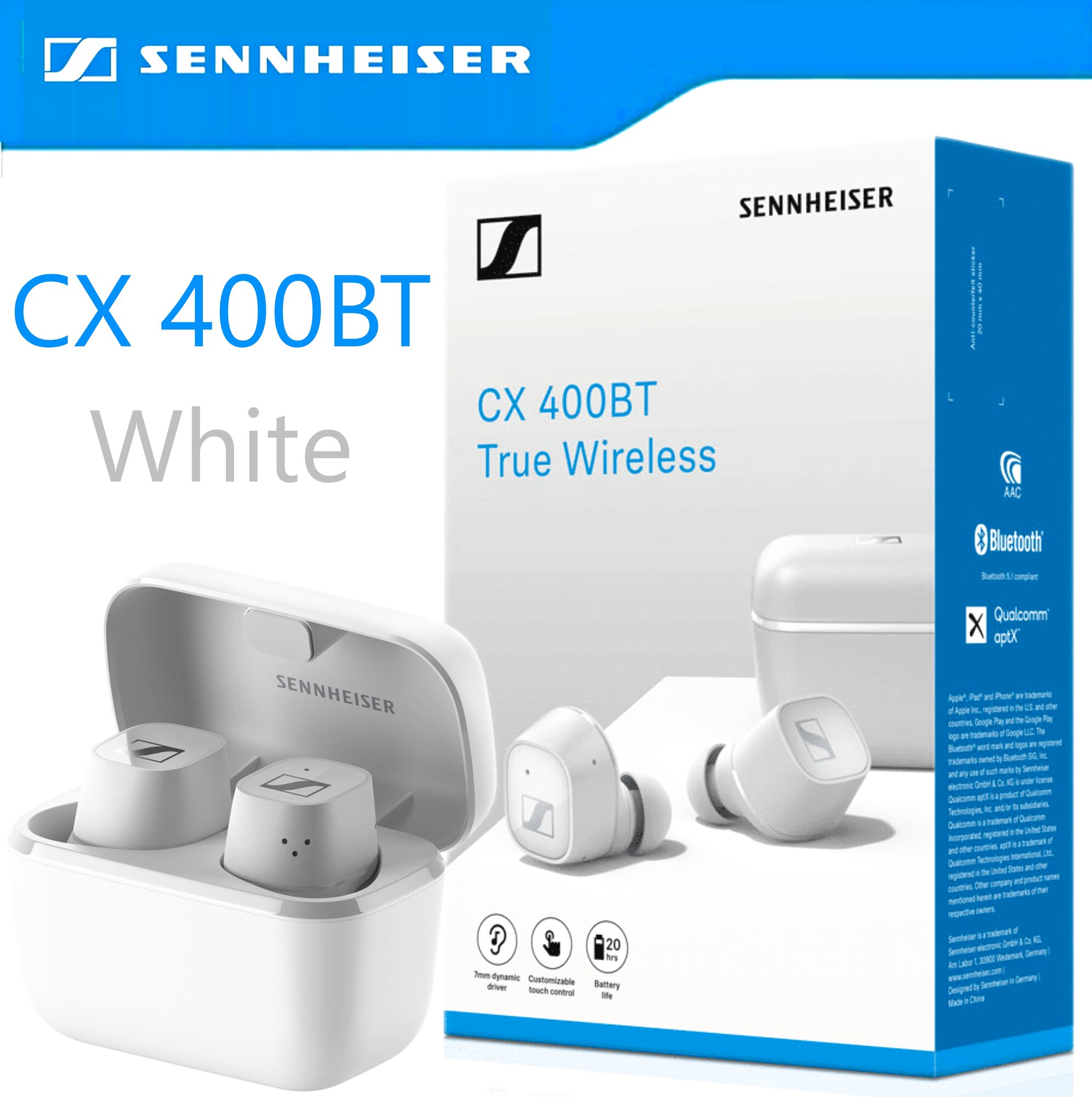 Беспроводные наушники Sennheiser CX 400BT White, с глубокими басами и микрофоном, белые