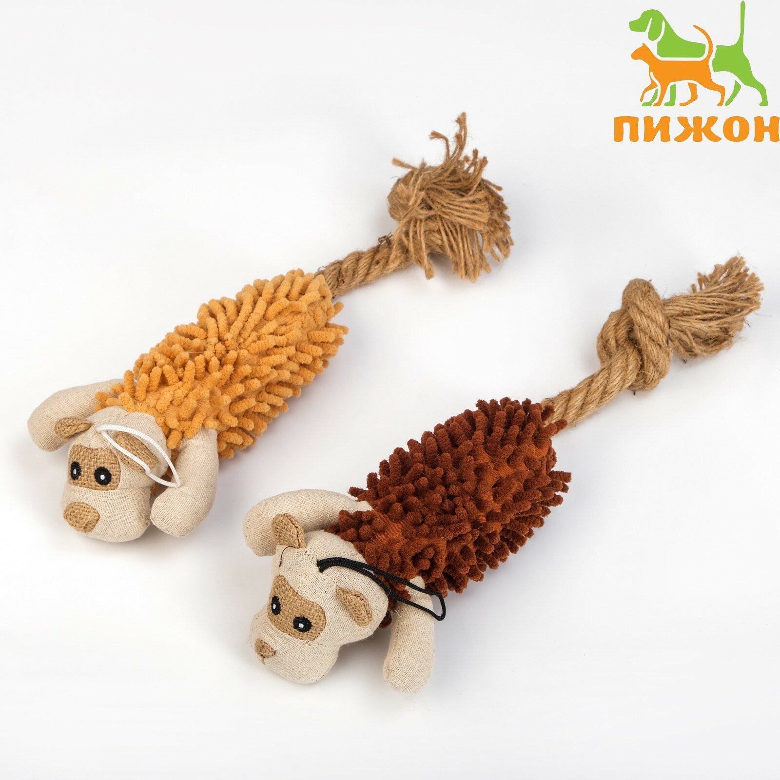 Игрушка мягкая для собак «Пёс» с пищалкой и канатом 39×11 см коричневая