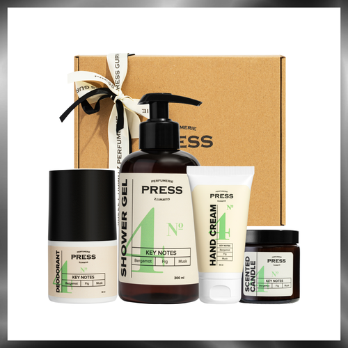 Подарочный набор парфюмированный Press Gurwitz Perfumerie 4 с нотами бергамота инжира и мускуса крем для рук лосьон для тела дезодорант антиперспирант ароматическая свеча 4900₽