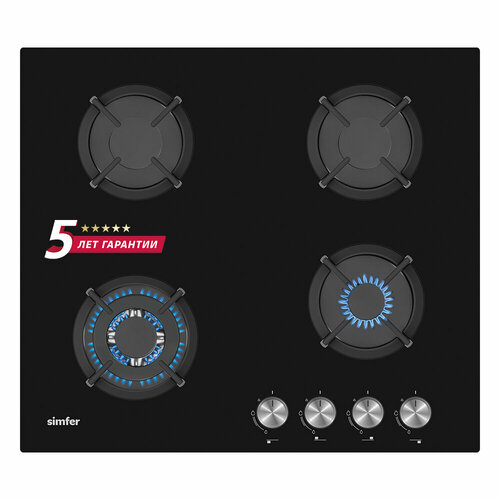 Газовая варочная панель Simfer 60см газ-контроль электроподжиг WOK конфорка закаленное стекло чугунные решетки комплект жиклеров для баллонного газа 5 лет гарантии черный 2501200₽