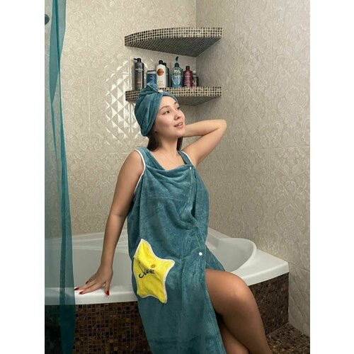 Банный набор для девушек Summer - Парео с кармашком и шапочкой Удобный килт на кнопках и модная чалма для сушки волос в банном комплекте 2202₽