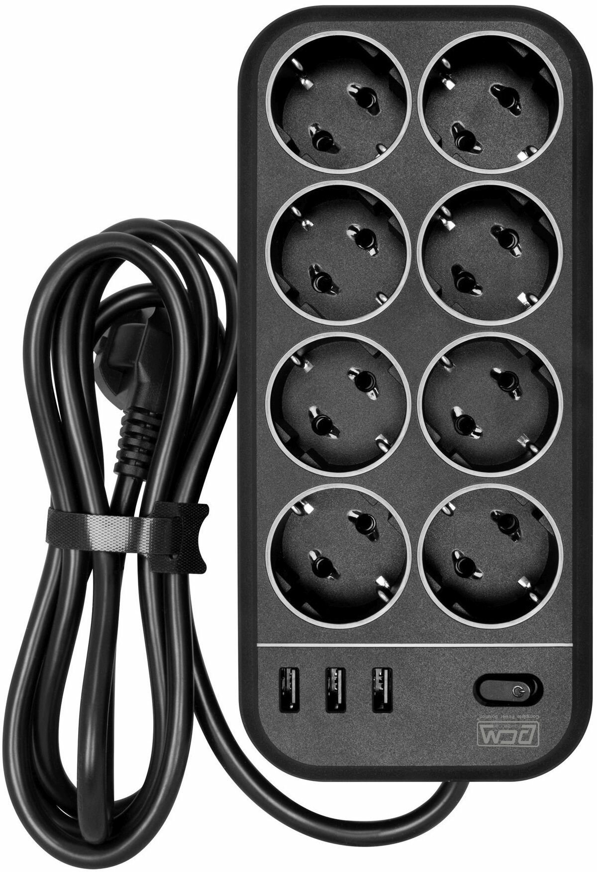 Сетевой фильтр Powercom SP-08 USB03AB 1,8 m 1.8м (8 розеток) черный (коробка)