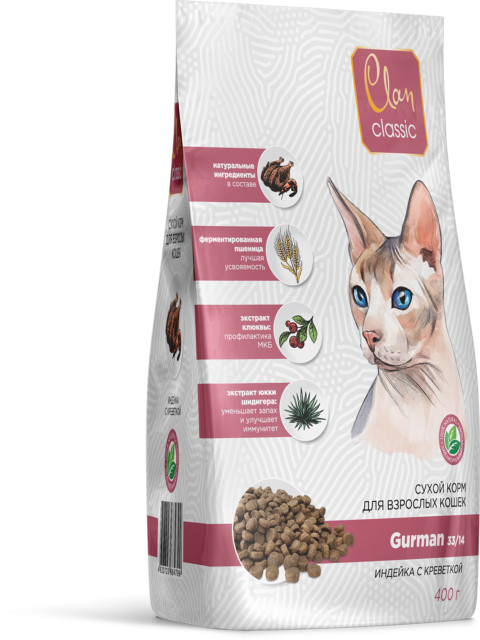 CLAN CLASSIC Gurman 400г сухой корм с индейкой и креветками для привередливых кошек