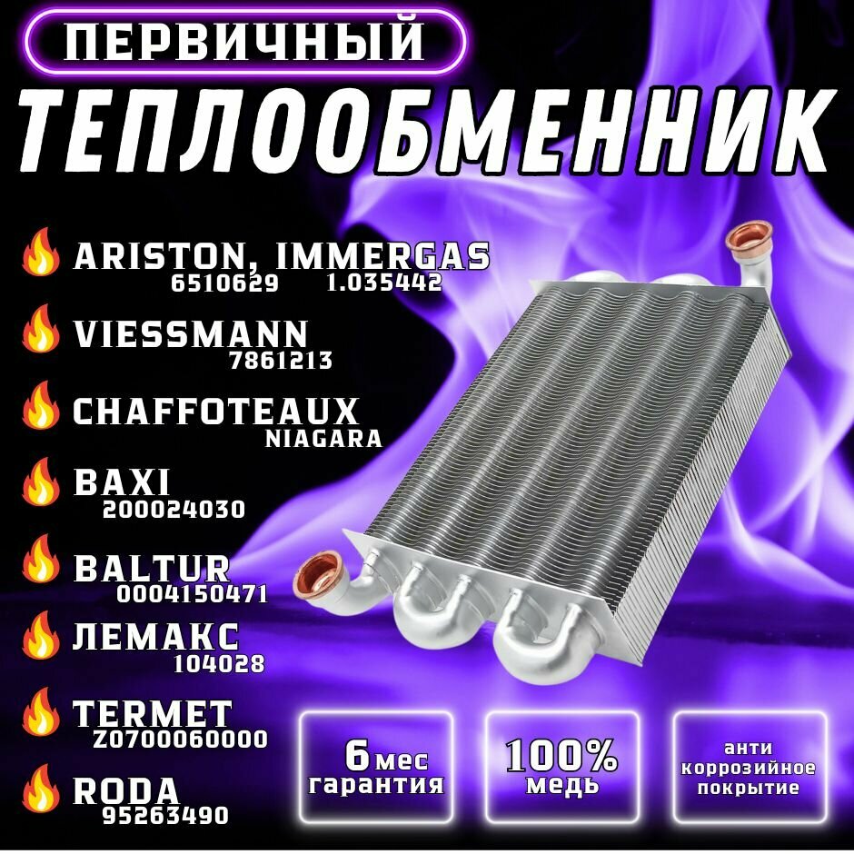 Теплообменник первичный для ARISTON Clas, BS II, Matis 65106297, 65113396, CHAFFOTEAUX, IMMERGAS Mythos 1.035442