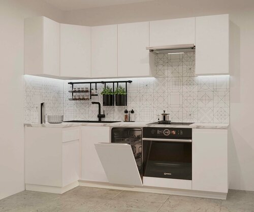 Изображение товара Кухонный угловой гарнитур Лайн Тальк, белый /тальк матовый, фасады МДФ, 1000х2450 мм