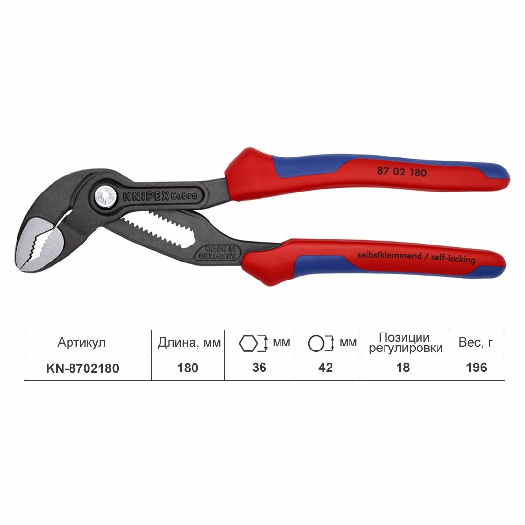 Клещи переставные KNIPEX COBRA зев 42 мм, длина 180 мм, фосфатированные, 2-комп ручки KN-8702180 — фото 1