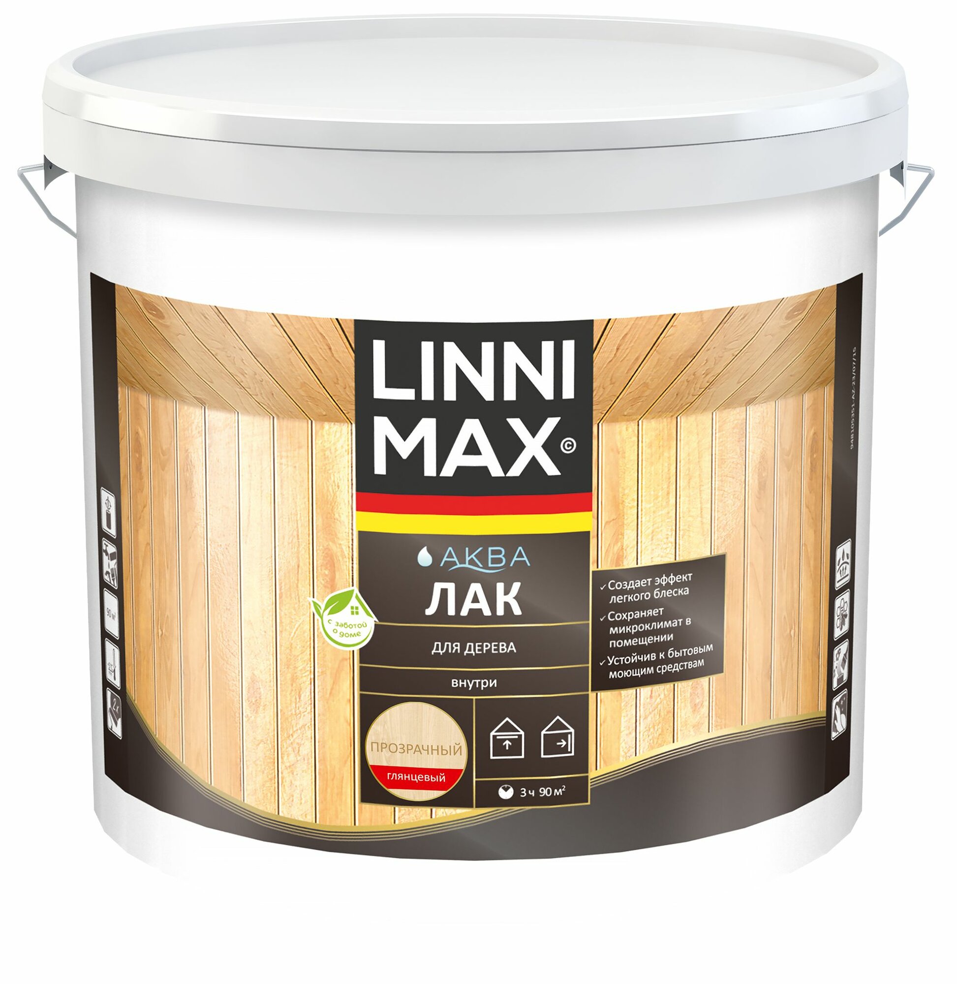 фото Лак акриловый LINNIMAX Аква Лак для дерева шелковисто-матовый 9 л