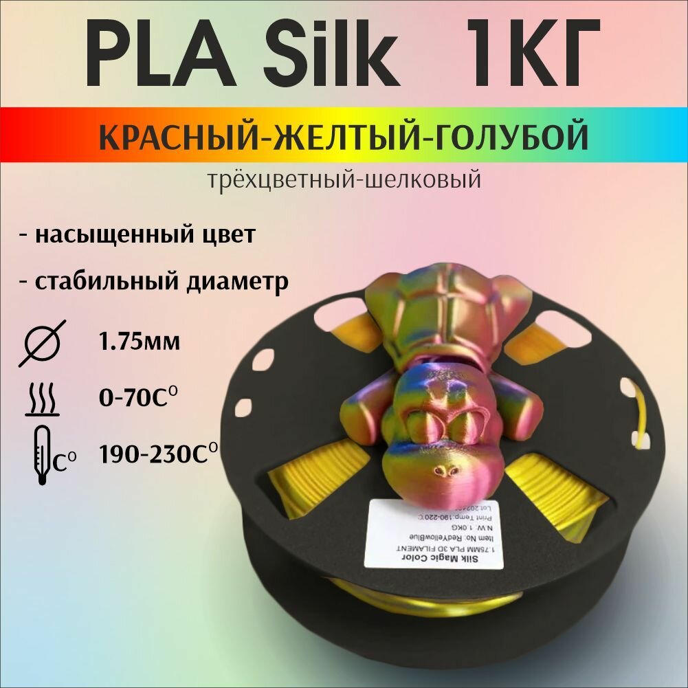 Пластик для 3D печати PLA Silk трехцветный, радужный, шелковый. 1кг