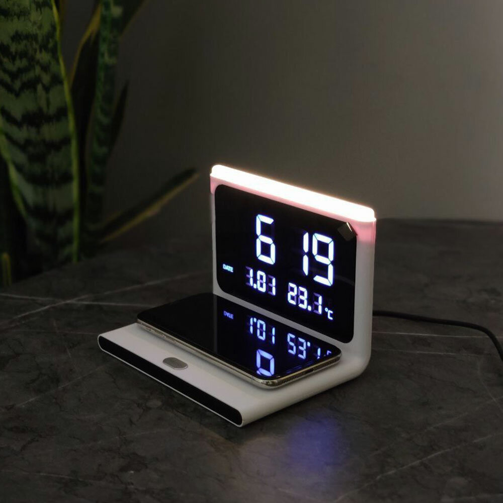 Беспроводное зарядное устройство Recci Wireless Charger Calendar 5-in-1 (Qi 15W/Ночник/Будильник/Термометр/Часы), Белый