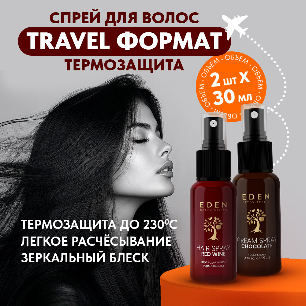 Набор спреев для волос EDEN DETOX крем-спрей 15 в 1 Chocolate и спрей термозащита для укладки Red wine 2 штуки по 30 мл